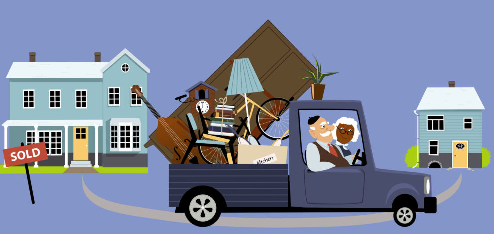49354503 - senior couple moving their belongings from a big family house into a smaller home, eps 8 vector illustration