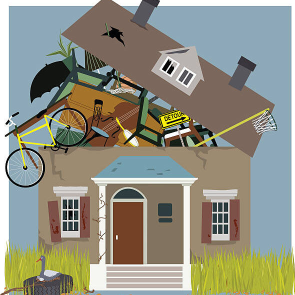 A house, bursting from piles of things, accumulated inside, vector illustration